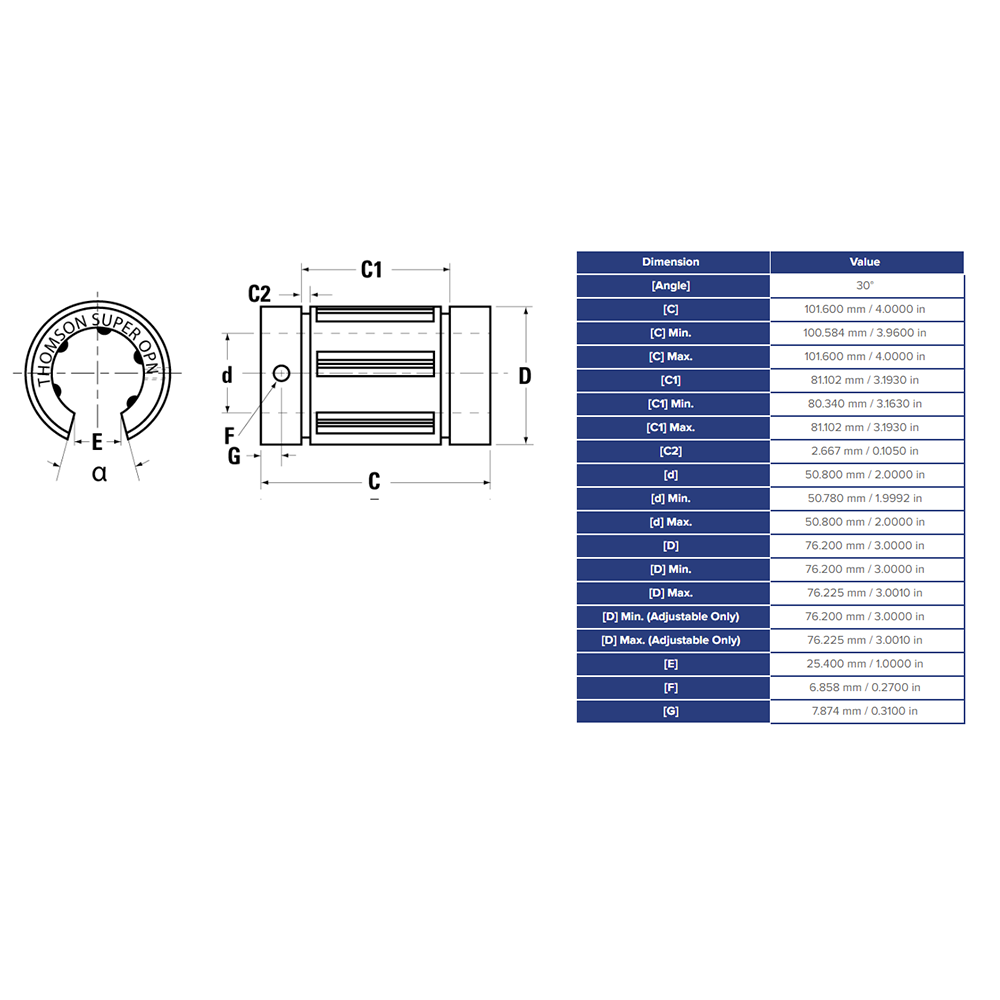 SUPER32OPN THOMSON BALL BUSHING<BR>SUPER SERIES 2" OPEN LINEAR BEARING SELF ALIGNING ADJUSTABLE 2350 LBF